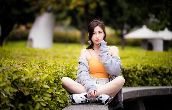 Shorts, Asian, shorts, sneakers, big Breasts, blurred background, asian, bright makeup