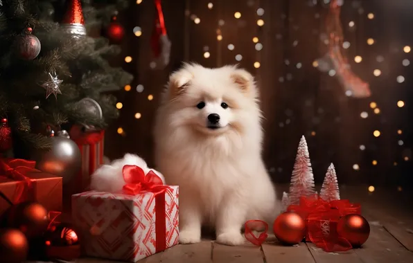 White, dog, Christmas, puppy, New year, face, Christmas decorations, Spitz