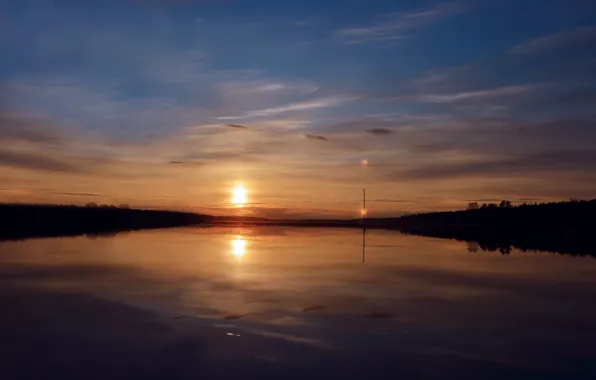 The sun, sunset, lake, surface, shore, post