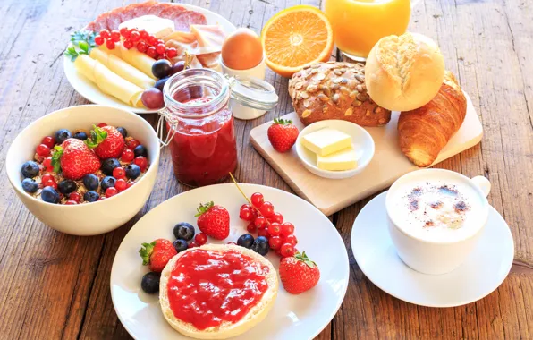 Berries, coffee, Breakfast, strawberry, juice, cakes, jam, cutting