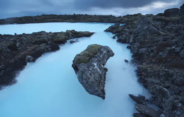 Sea, night, rocks, Iceland, Fiord
