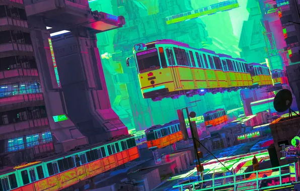Picture city, the city, fiction, transport, color, train, fantasy, art