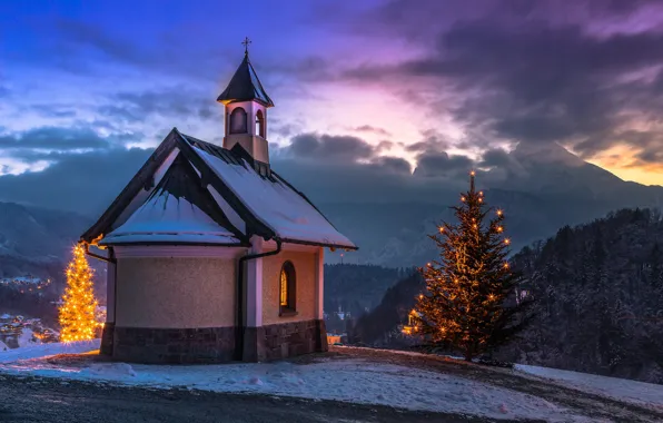 Landscape, mountains, nature, new year, Bayern, tree, twilight, chapel