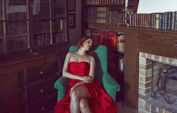 Girl, face, room, red, books, makeup, dress, legs