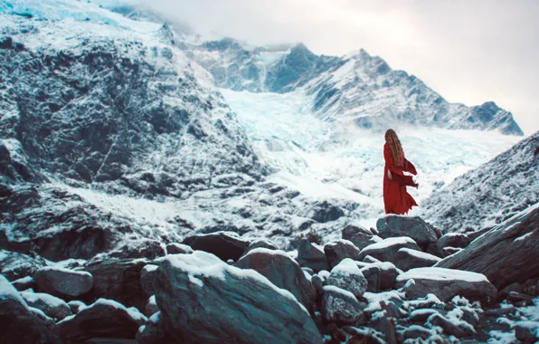 Cold, winter, girl, snow, mountains, fog, loneliness, stones