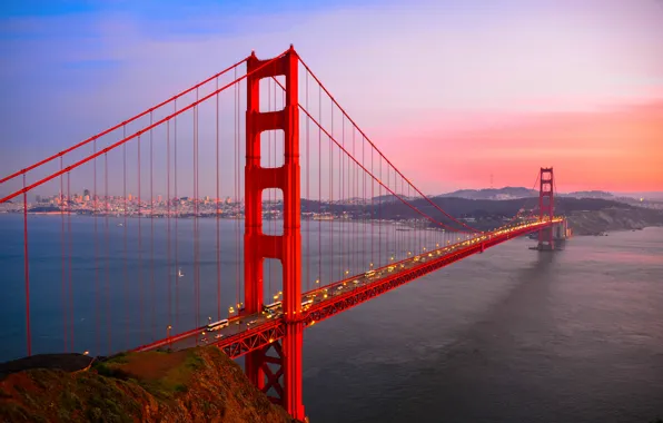 Road, water, sunset, bridge, the city, lights, the evening, highway