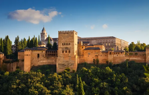 The sky, the sun, trees, wall, tower, fortress, Spain, Alhambra