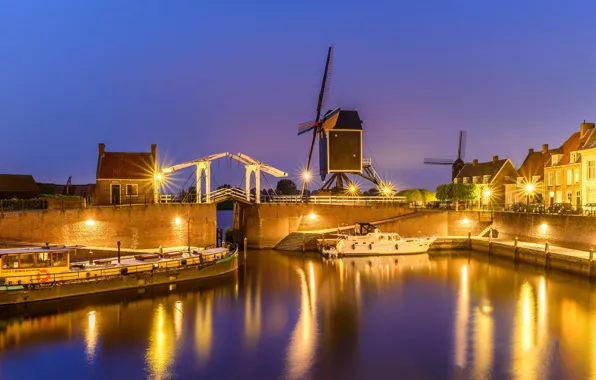 Night, bridge, lights, channel, Netherlands, gateway, windmill, Hesden