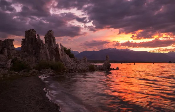 Sea, beach, the sky, clouds, light, sunset, mountains, clouds