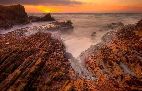 Sea, sunset, shore, Rocks