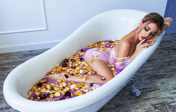 Girl, pose, makeup, petals, bath, leg, Sophia Oznobishina