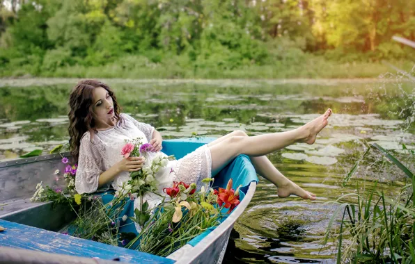 Summer, girl, flowers, lake, boat, Valerie
