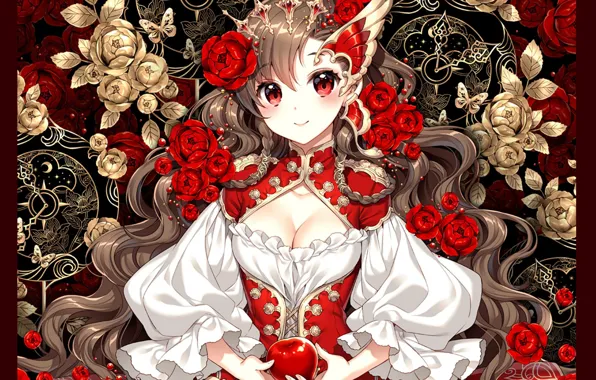 Picture leaves, decoration, arrows, butterfly, apples, roses, hairstyle, girl