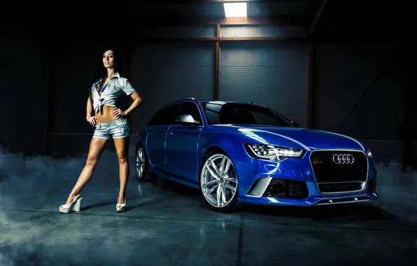 Audi, Girl, Car, Legs, Blue, Smoke, Sport, RS6