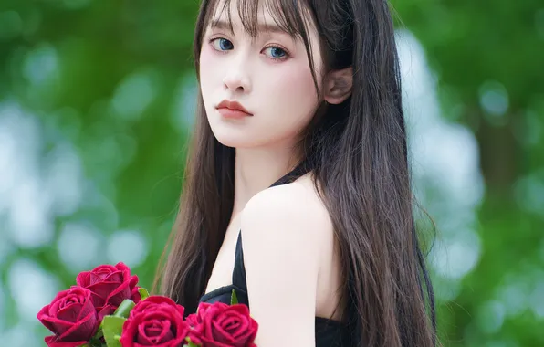 Beautiful, Asian, Model, Flower, Roses, Woman, Bouquet, Cute