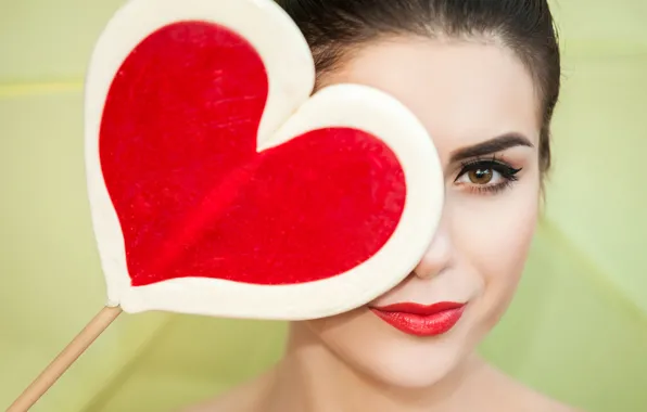 Picture look, face, background, heart, makeup, brunette, hairstyle, beauty
