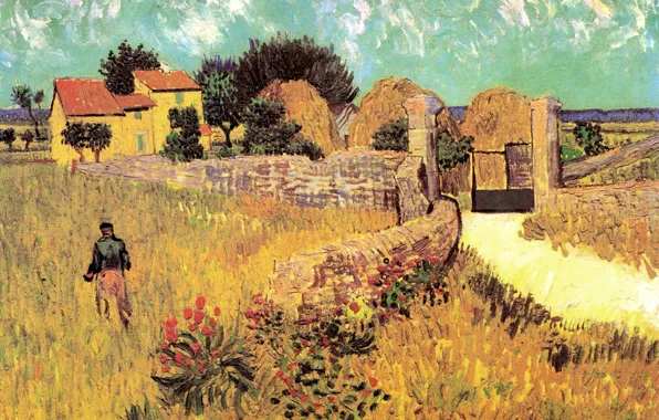 Flowers, house, gate, male, Vincent van Gogh, Farmhouse, in Provence