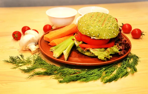 Picture mushrooms, dill, hamburger, vegetarian, tomatoes