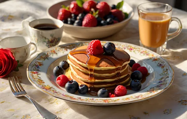 Light, flowers, berries, table, tea, window, Cup, vase