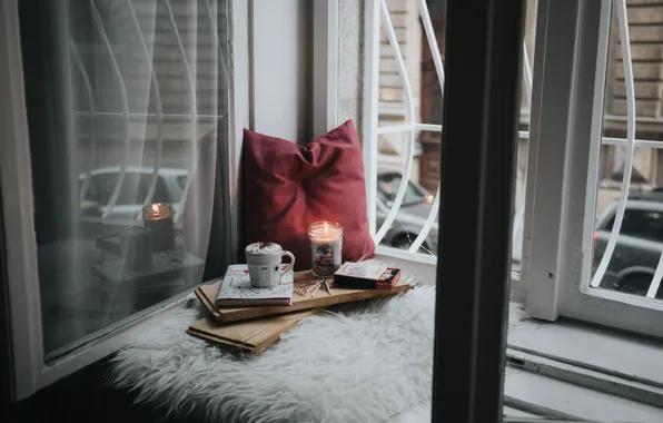 Book, Mug, Window, Pillow, Candle