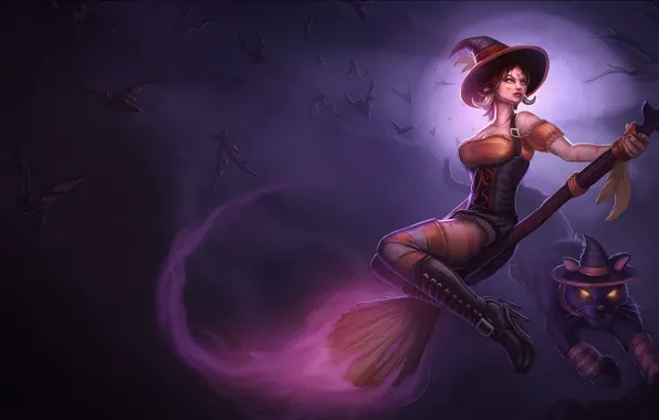 Cat, night, the moon, art, black, witch, broom, mouse