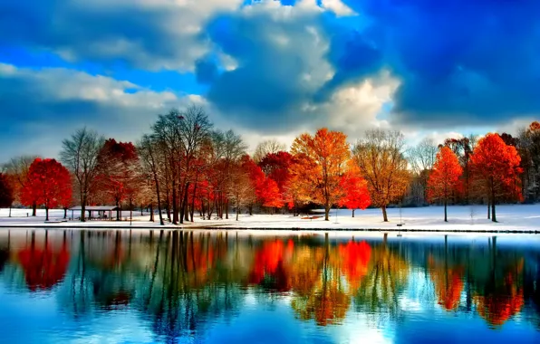 Picture autumn, the sky, clouds, snow, trees, pond, river