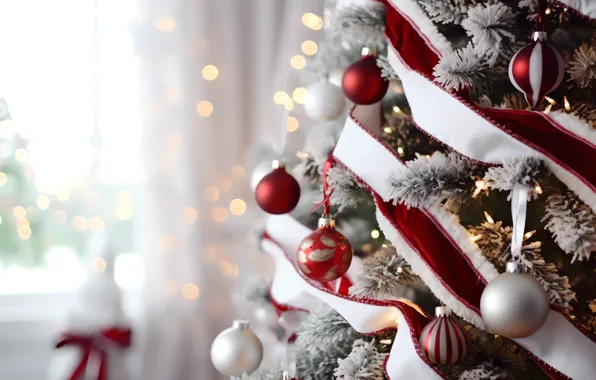 Balls, Christmas, red, New year, tree, white, herringbone, light background