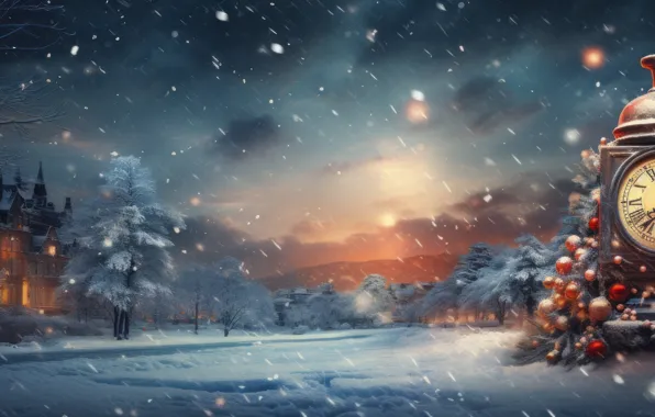 Winter, snow, night, time, watch, Christmas, panorama, New year