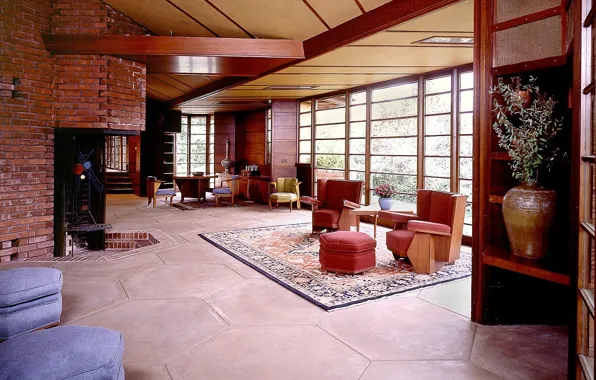 Design, furniture, interior, living room, Stanford University, Hanna House