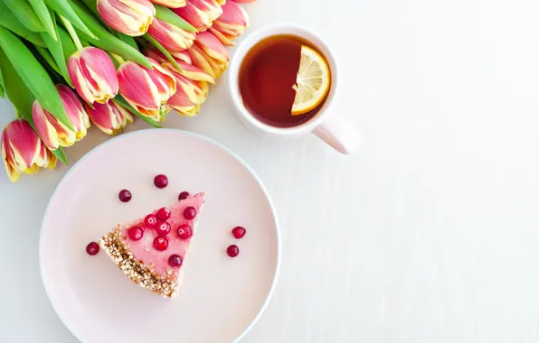 Flowers, berries, lemon, tea, tulips, cake