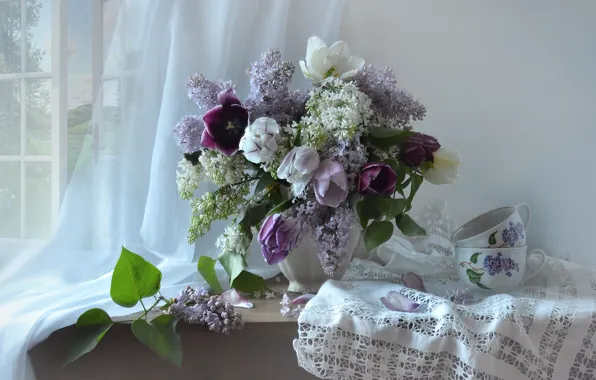 Picture flowers, branches, table, window, Cup, tulips, still life, curtain