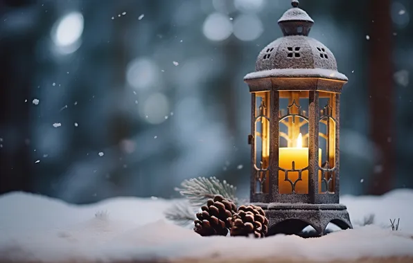 Winter, snow, night, Christmas, lantern, New year, Christmas, night