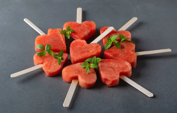 Watermelon, hearts, pieces, grey background, mint, on a stick, submission, molds