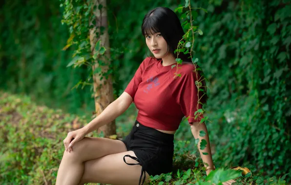 Shorts, brunette, t-shirt, legs, Asian, hip