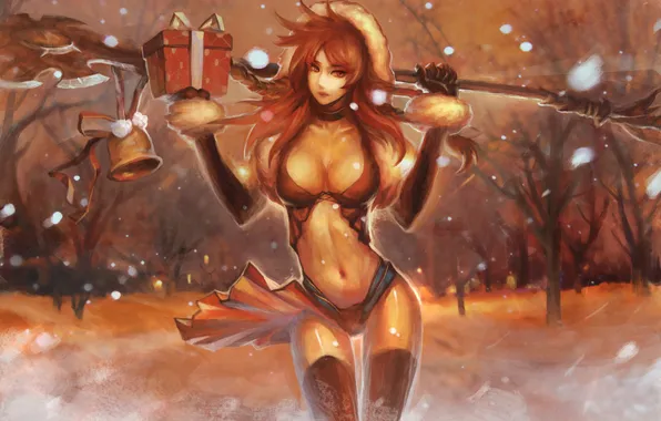 Girl, snow, trees, snowflakes, gift