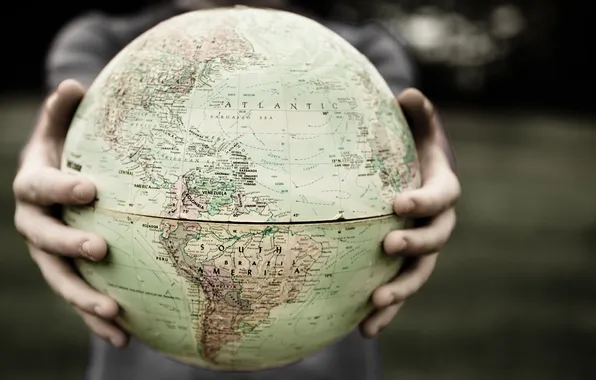Picture the world, map, hands, fingers, globe, South America