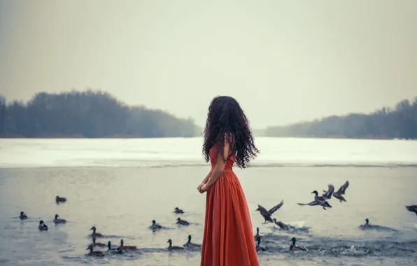 ICE, DRESS, WINTER, BRUNETTE, MOOD, PACK, BIRDS, LAKE