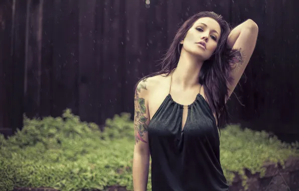 Picture tattoo on hand, brunette, dress, rain