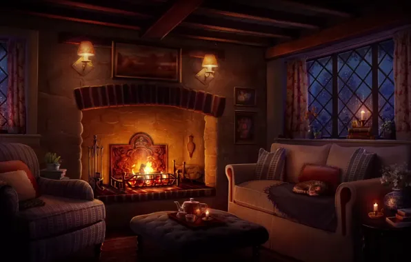 Lights, cat, palace, cottage, fireplace