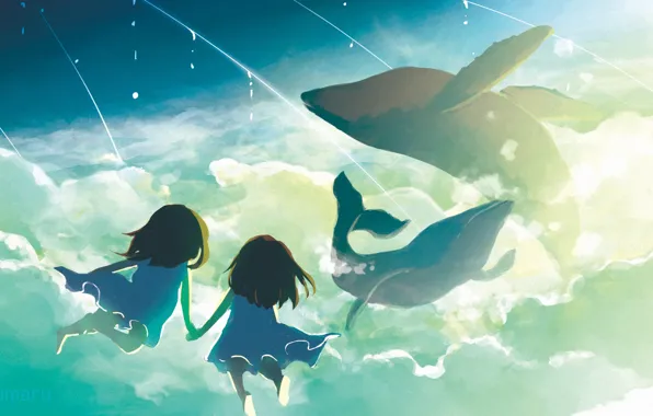 The sky, clouds, children, fantasy, whales