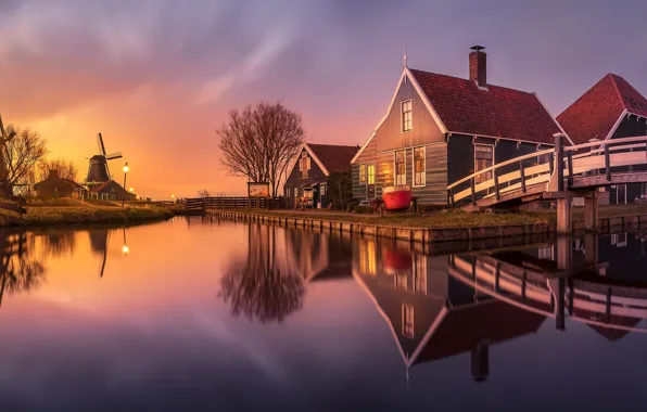 The sky, light, trees, sunset, lake, reflection, home, the evening