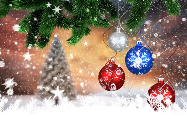 Snowflakes, balls, tree, new year, Christmas, 2015