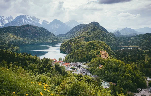 Mountains, Germany, castle, Hohenschwangau, Bavaria, lake, forest