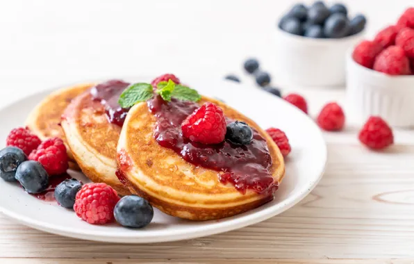 Berries, raspberry, blueberries, pancakes, berries, pancakes, pancake
