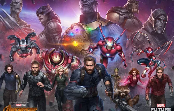 Picture Iron Man, Marvel, Captain America, Thor, Black Widow, Spider Man, Rocket, Scarlet Witch