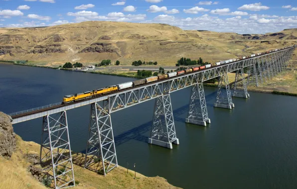 Bridge, train, channel, composition