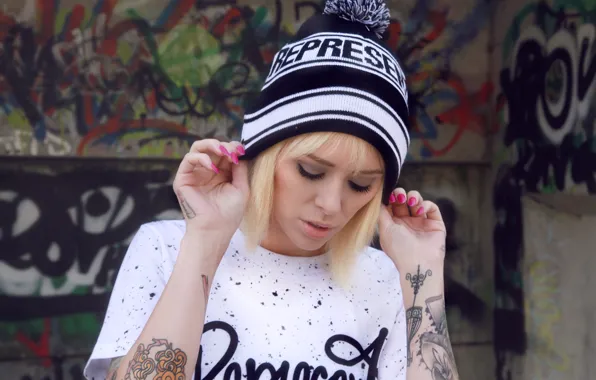 Girl, graffiti, hat, woman, model, tattoo, blonde, tattoos