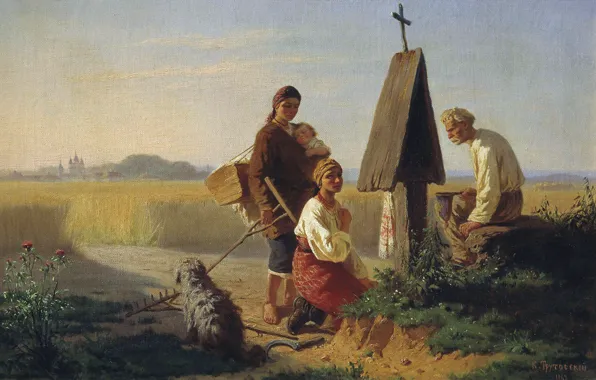 Picture flowers, oil, dog, cross, well, Canvas, 1863, the peasants