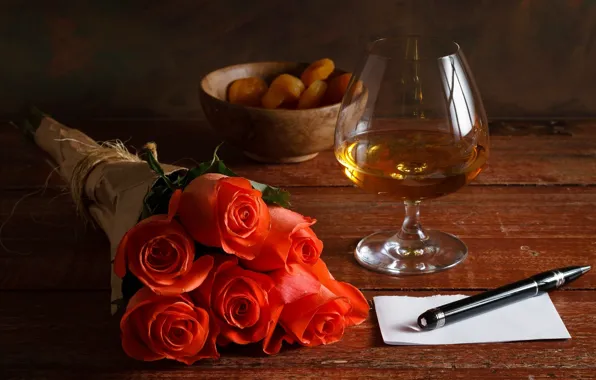 Sheet, glass, roses, handle, red, cognac, dried apricots