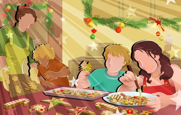 Decoration, table, people, food, cookies, family, dishes, gingerbread